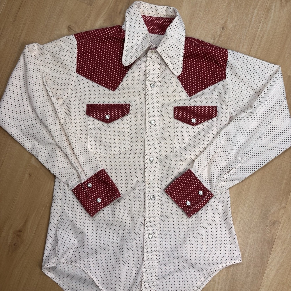 Vintage 70s 80s Polka Dot Western Medium Shirt Pearl Snap Cowboy Cream Maroon